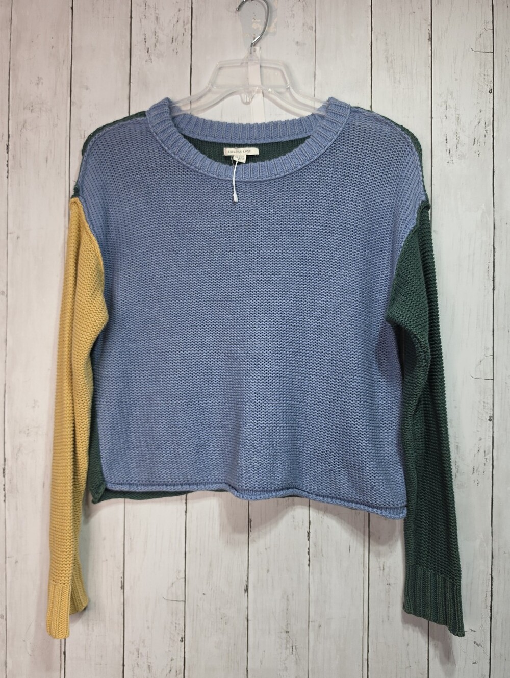 NWOT American Eagle Women’s Colorblock Sweater Blue Green Yellow Cropped Size XS
